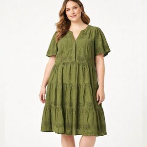 Crown & Ivy Green Embroidered Palm Trees Eyelet Tiered Ruffle Cotton Dress NWT